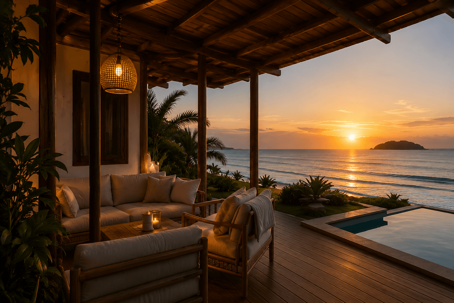 Varanda elegante de pousada boutique com vista para o mar ao por do sol